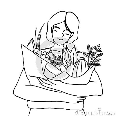 Woman hold shopping bag with local farmers vegetables and fruits. Female customer shopping at farmers market. Support small Vector Illustration