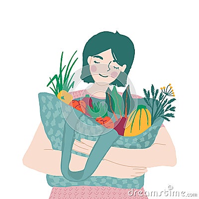 Woman hold shopping bag with local farmers vegetables and fruits. Female customer shopping at farmers market. Support small Vector Illustration