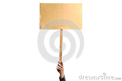 Woman holding a blank placard mock up on wood stick to put the text at protesting, isolated on white background Stock Photo