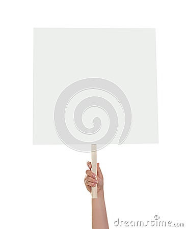 Woman holding blank protest sign on white background, closeup Stock Photo