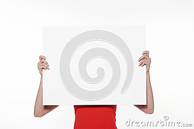 Woman holding blank sign - white background - isolated Stock Photo