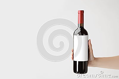 Woman holding bottle with delicious wine on white background Stock Photo