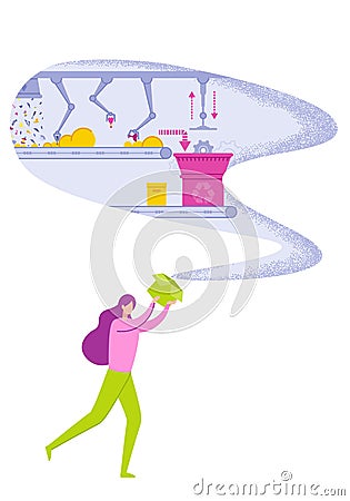 Woman Holding Box with Sorting, Recycling Factory. Vector Illustration