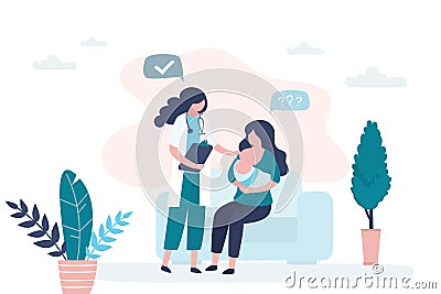 Woman holding and breastfeeding infant baby. Consultation with a mammologist or pediatrician Vector Illustration