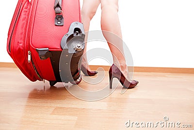 Woman holding broken traveling luggage Stock Photo