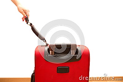 Woman holding broken traveling luggage Stock Photo