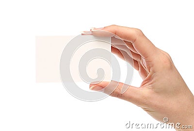 Woman holding a business card Stock Photo