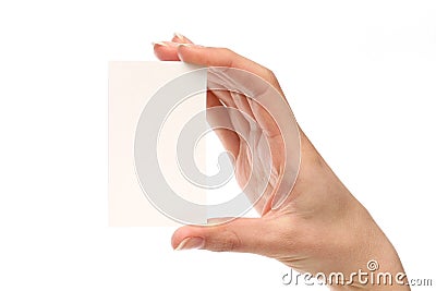 Woman holding a business card Stock Photo