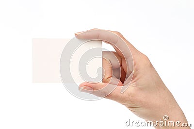 Woman holding a business card Stock Photo