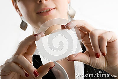 Woman holding businesscard Stock Photo