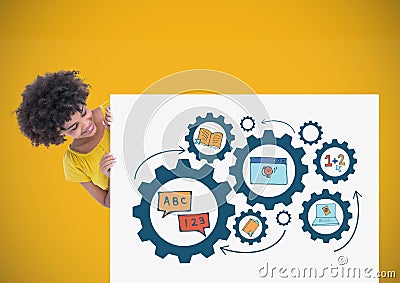 Woman holding card with education icons gears learning graphics drawings Stock Photo