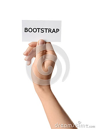 Woman holding card with word BOOTSTRAP on background, closeup Stock Photo
