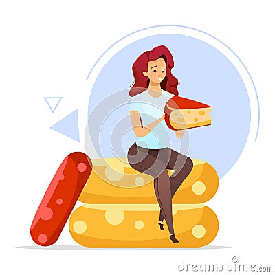Woman holding cheese flat color vector illustration Vector Illustration