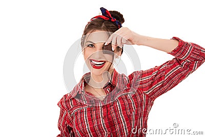 Woman holding chocolate bar at her face Stock Photo