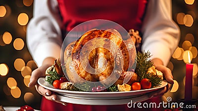 Woman holding Christmas dinner with roasted turkey. AI generated image Stock Photo