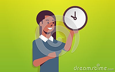 Woman holding clock time management deadline concept african american business woman with alarm clock female cartoon Vector Illustration