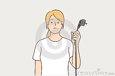 Woman is holding cord from electrical equipment with euro socket due to lack of electricity Vector Illustration