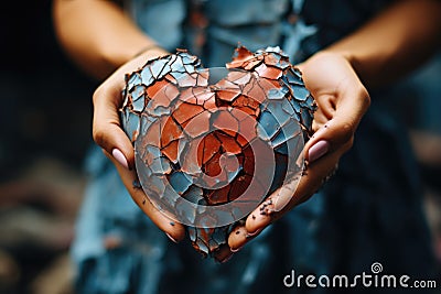 A woman holding a cracked broken heart in her hands, AI Stock Photo