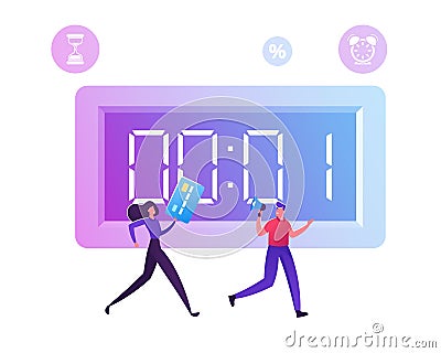 Woman Holding Credit Card Following Man with Megaphone in Hands Running near Huge Countdown Stopwatch Vector Illustration