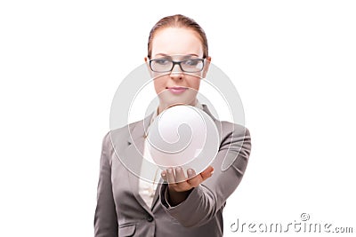 The woman holding crystall ball isolated on white Stock Photo