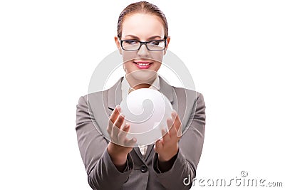 The woman holding crystall ball isolated on white Stock Photo