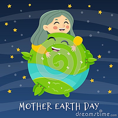 Woman holding ecology world Earth day. Happy girl. Mother nature care concept. Vector Illustration