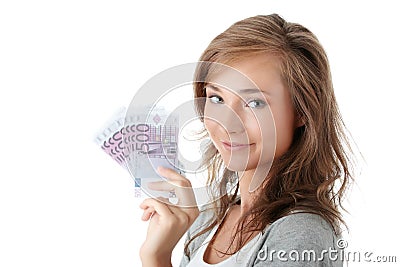 Woman holding euro money Stock Photo