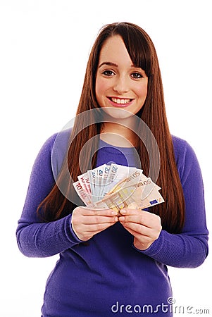 Woman holding euros Stock Photo