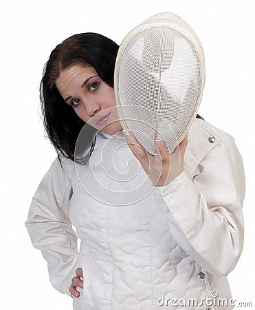 Woman Holding Fencing Mask Wearing Fencing Jacket Stock Photo