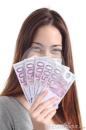 Woman holding five hundred euro banknotes Stock Photo