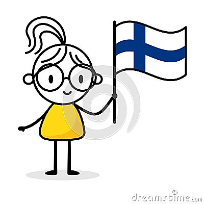 Woman holding flag of Finland isolated on white background. Hand drawn doodle line art man. Concept of country. Vector stock Vector Illustration
