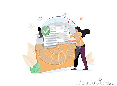 Woman holding folder with document. Concept of file download, data storage, cloud computing service, digital information Cartoon Illustration
