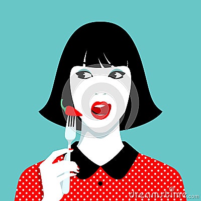 Woman holding fork with hot pepper Vector Illustration