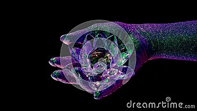 Woman holding fragile crystal lotus flower. Hand covered with shining glitter under neon colored light. Concept of Stock Photo