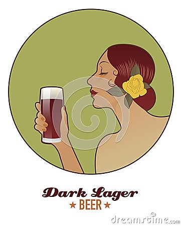 Woman holding a glass of beer. Dark Lager. Vector Illustration