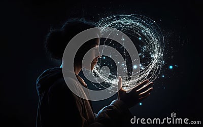 Woman holding gloving sphere. Meta verse and gaming concept Stock Photo