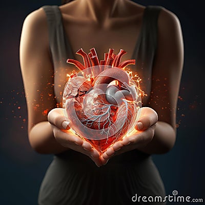 Woman Holding Glowing Artificial Heart Stock Photo