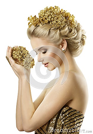 Woman Holding Golden Flowers Jewelry, Young Fashion Girl Dreams, White Stock Photo