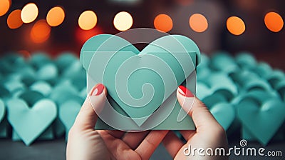 Woman holding a green heart in front of many paper hearts, AI Stock Photo
