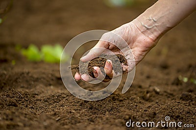 Woman holding a handful of rich fertile soil Stock Photo