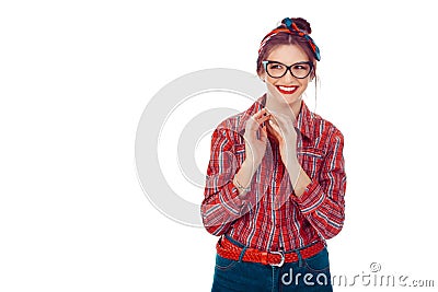 Woman holding hands together spinning intrigues and looking cunning Stock Photo