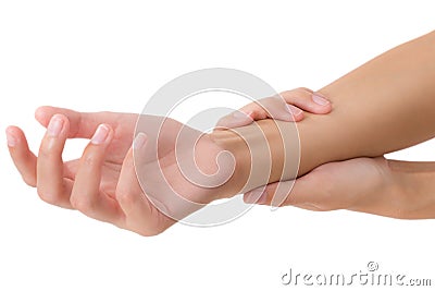 Woman holding her beautiful healthy wrist and massaging in pain area. Stock Photo