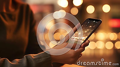 Woman is holding her cell phone in front of her. She appears to be looking at it while standing near lighted area or setting Stock Photo