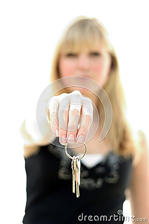 Woman holding keys Stock Photo