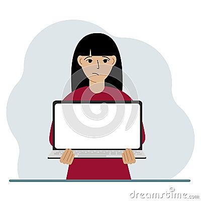 The woman is holding a laptop with the screen facing away from him. On the screen of the laptop there is a place for Vector Illustration