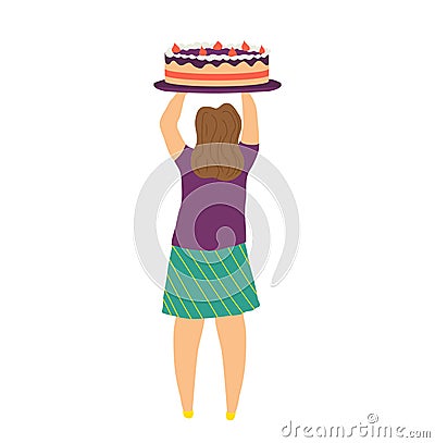 Woman holding a large decorated cake over her head. Caucasian pastry chef presents a dessert. Celebration and baking Vector Illustration