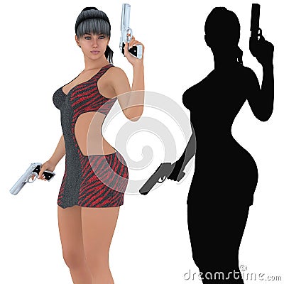 woman holding loaded handguns, 3d digitally rendered illustration. Cartoon Illustration