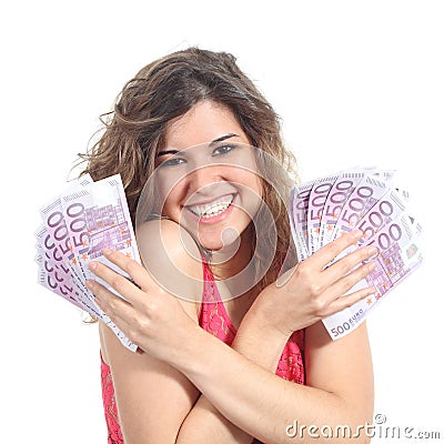 Woman holding a lot of five hundred euro banknotes Stock Photo