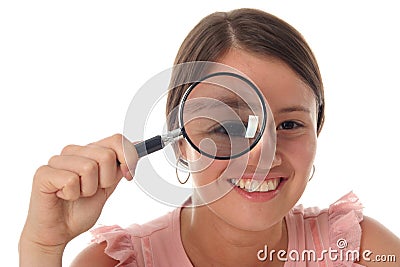 Woman Holding Magnifying Glass Stock Photo