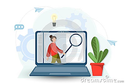 Woman holding magnifying glass and examining document, business analysis, research concept, online conferencing concept Vector Illustration